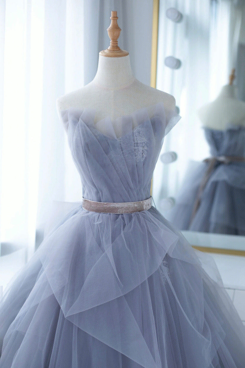 Beautiful Blue Tulle Long Party Dress, A-line Prom Dress with Lace Applique