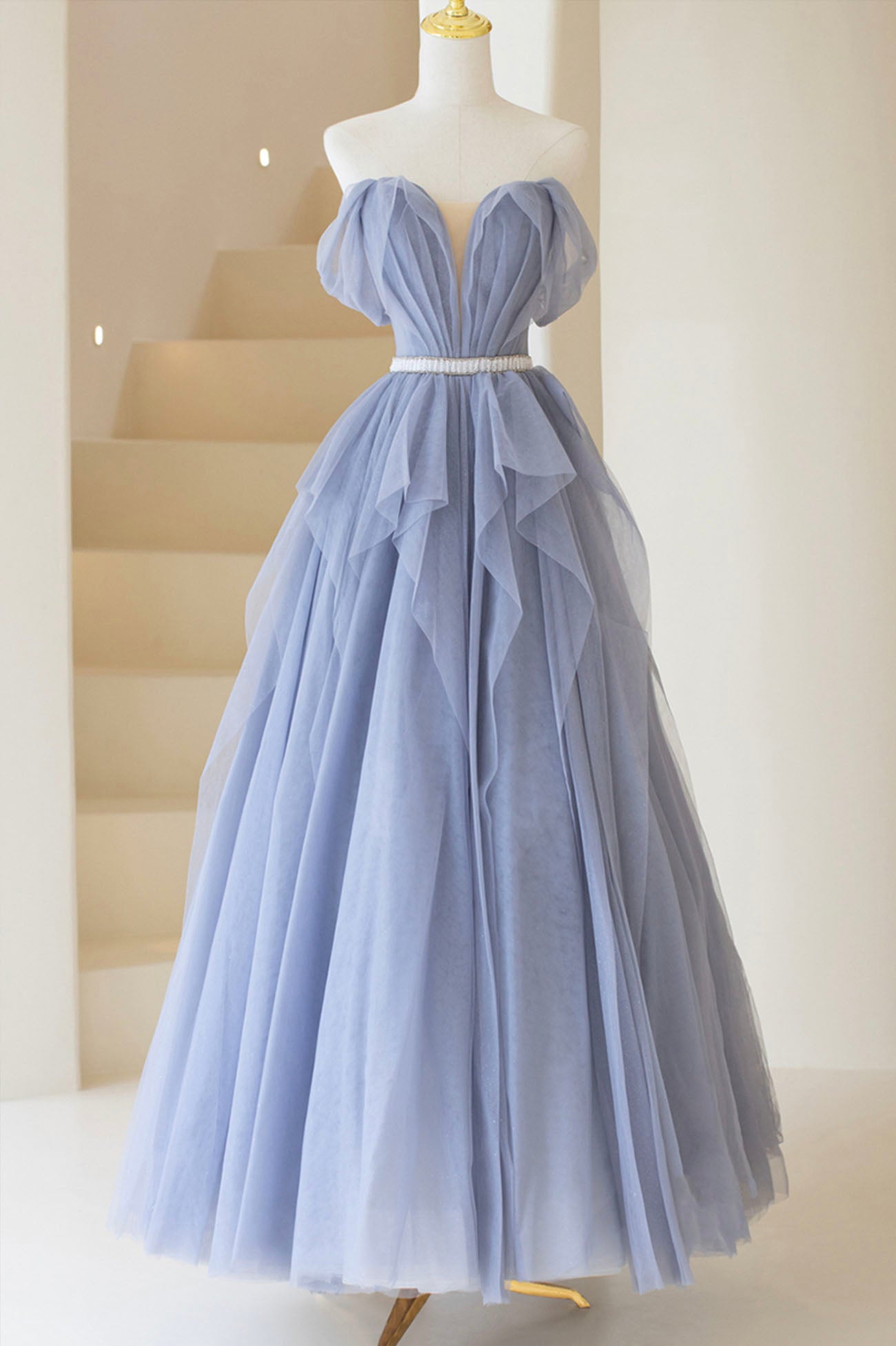 Blue Tulle Long Prom Dress, A-Line Off the Shoulder Evening Dress