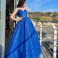 Blue Spaghetti Strap Tulle Long Prom Dress, Beautiful A-Line Party Dress