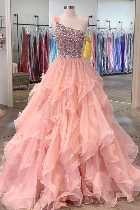 A-Line One Shoulder Peach Beaded Flouncing Long Prom Dress Formal Dress