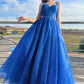 Blue Spaghetti Strap Tulle Long Prom Dress, Beautiful A-Line Party Dress