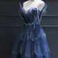Dark Blue Tulle Beaded Long Senior Prom Dress, A-Line Evening Party Dress