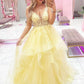 Yellow tulle lace long prom dress A line evening gown
