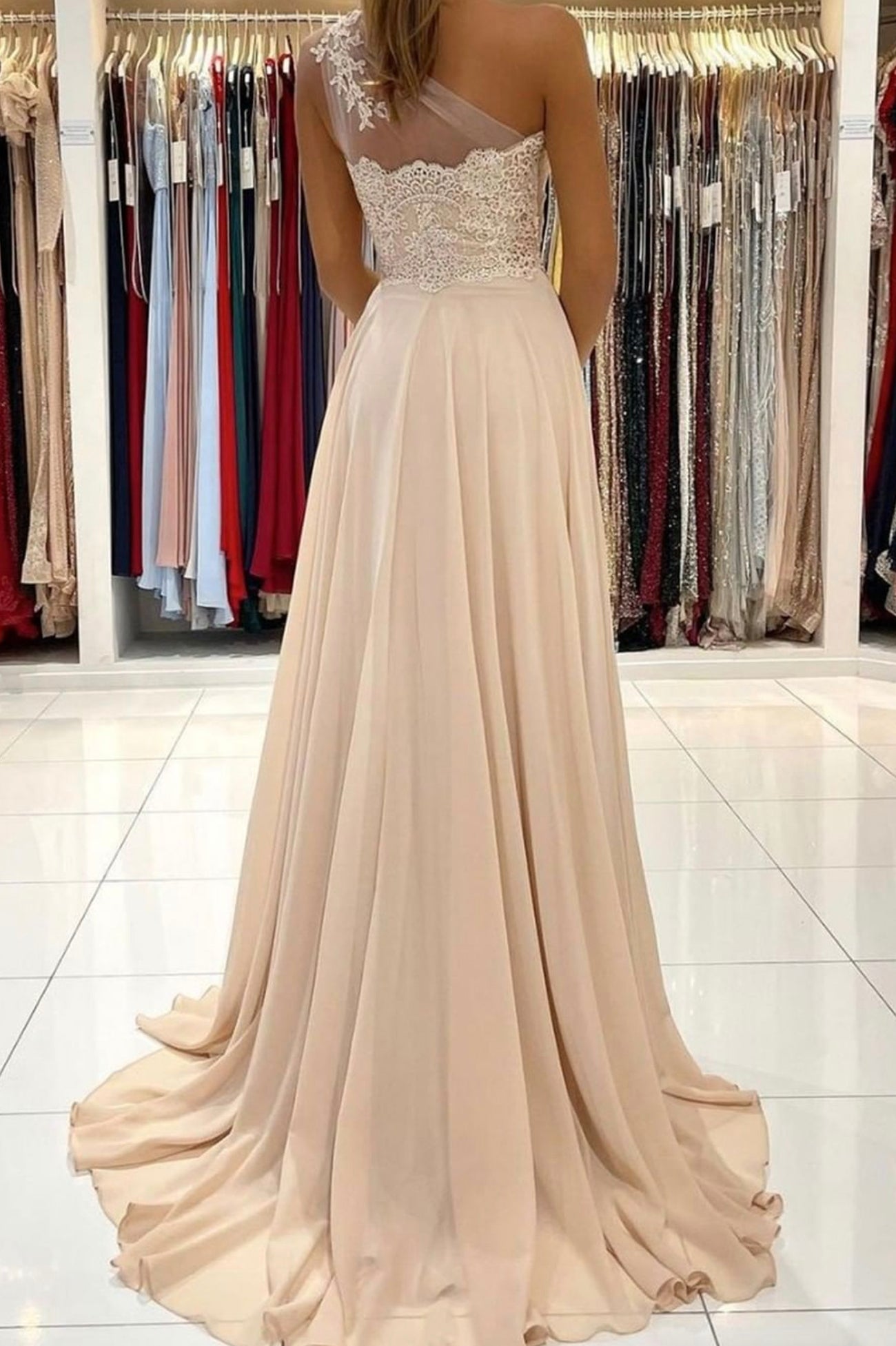Cute One Shoulder Chiffon Lace Long Prom Dress