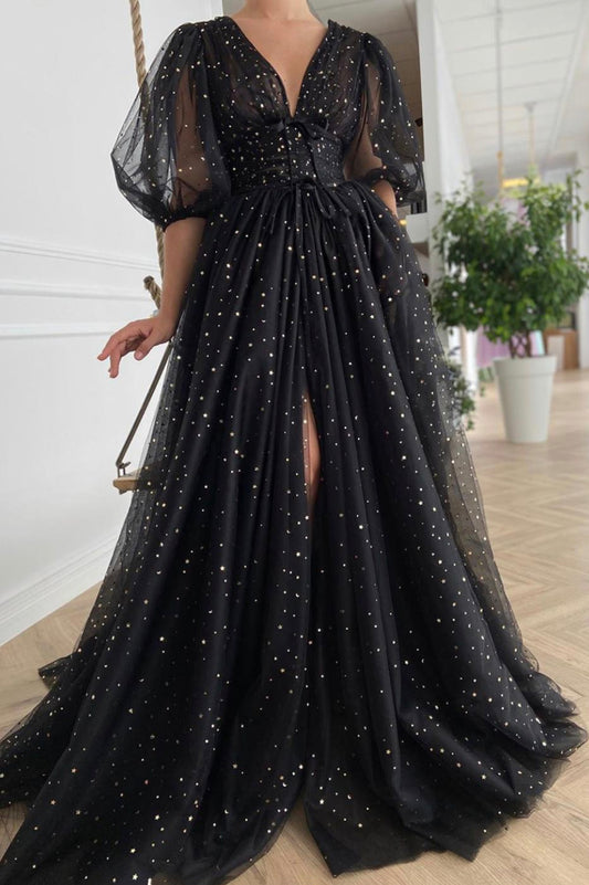 Black V-neck Tulle Long Prom Dress