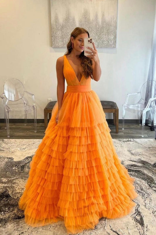 Orange V-Neck Tulle Long Prom Dress