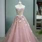 Pink Strapless Tulle Lace Long Prom Dress, Beautiful A-Line Sweet 16 Dress