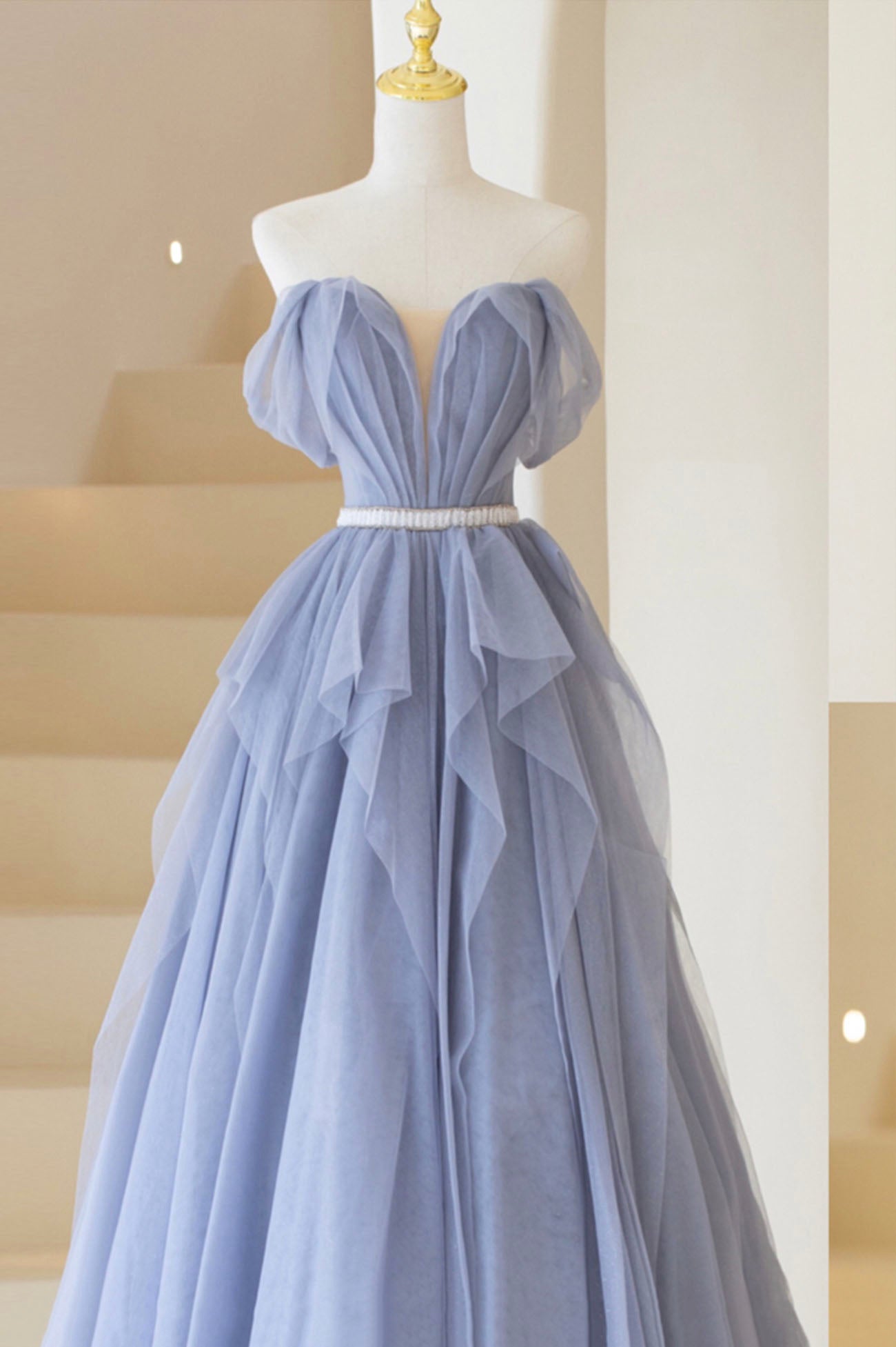 Blue Tulle Long Prom Dress, A-Line Off the Shoulder Evening Dress