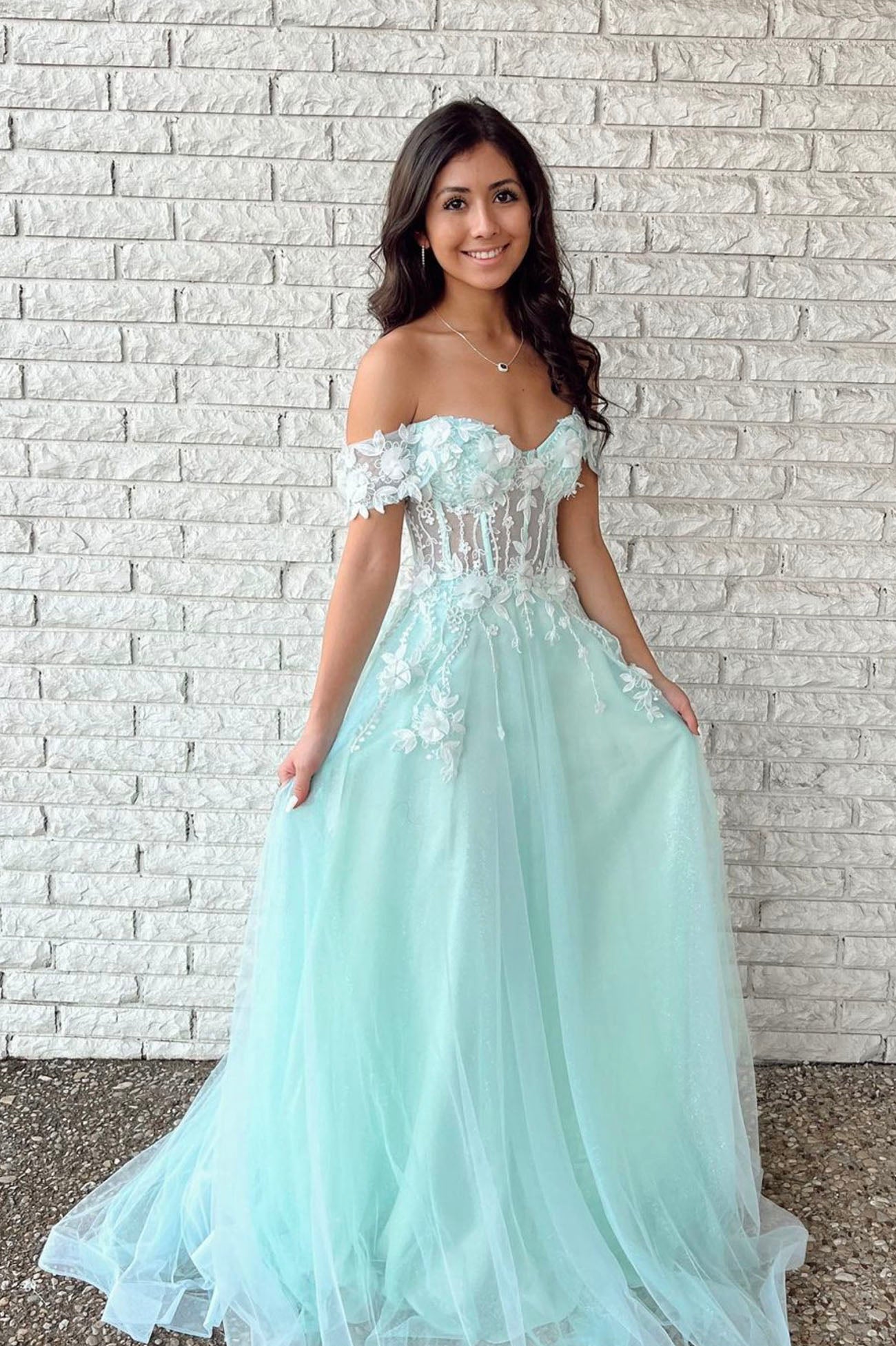 Beautiful Off the Shoulder Lace Floor Length Prom Dress