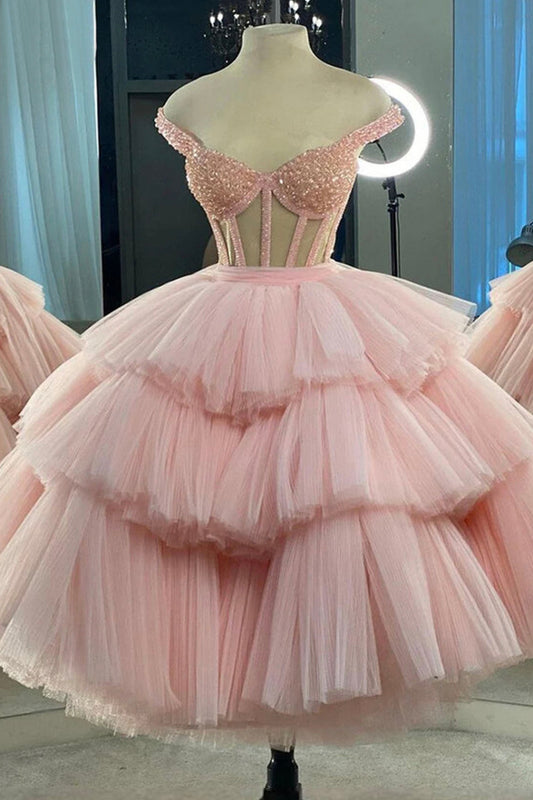 Pink Tulle Beaded Short Prom Dress, A-Line Party Dress with Corset