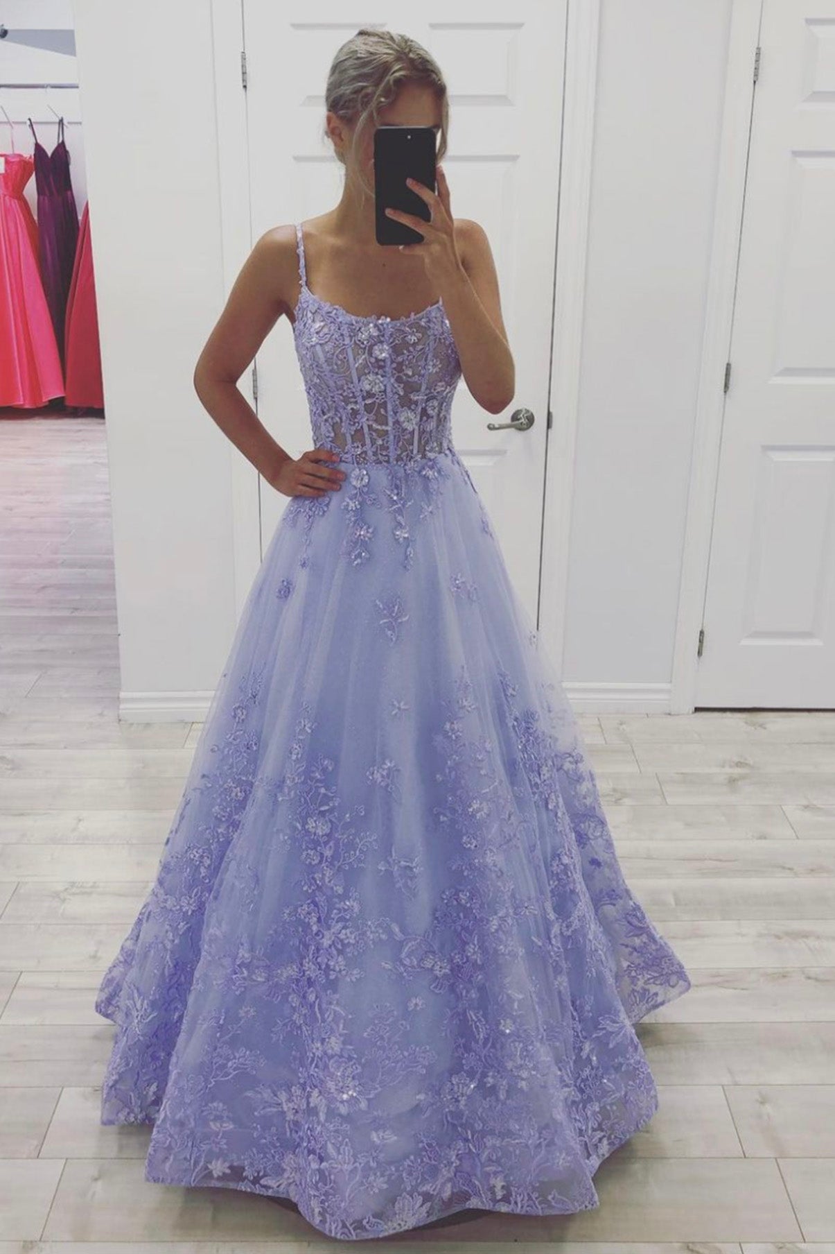 Purple Spaghetti Strap Tulle Lace Floor Length Prom Dress