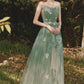 Green Tulle Lace Long Prom Dress, Beautiful Spaghetti Strap Evening Party Dress
