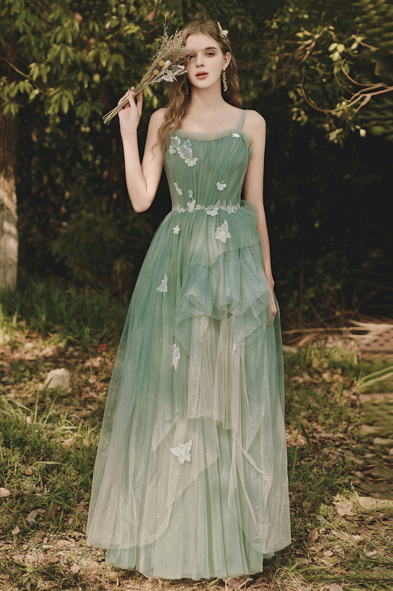 Green Tulle Lace Long Prom Dress, Beautiful Spaghetti Strap Evening Party Dress