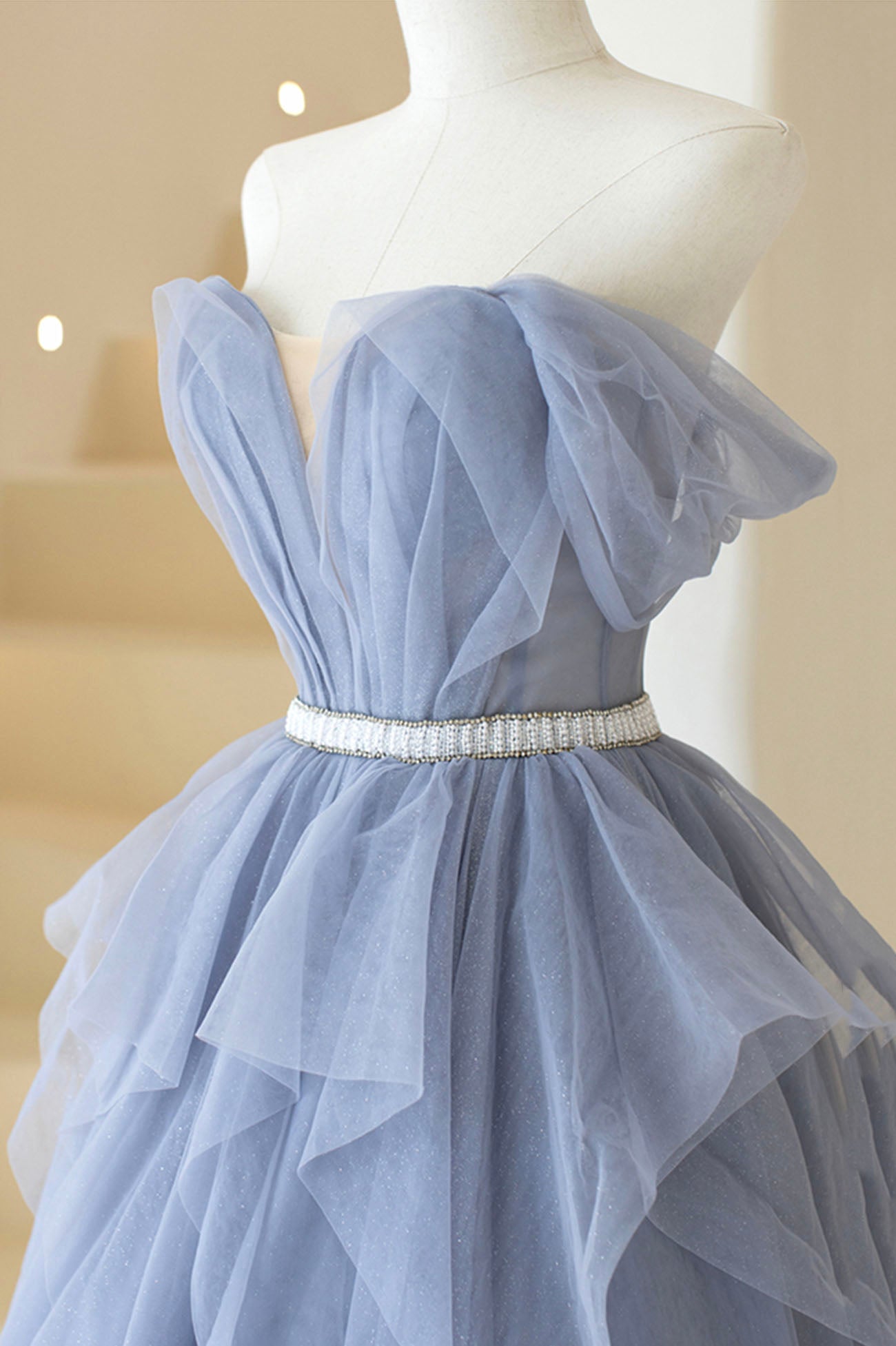 Blue Tulle Long Prom Dress, A-Line Off the Shoulder Evening Dress