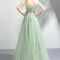 Green Spaghetti Strap Tulle Lace Long Prom Dress