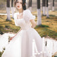 White Tulle Knee Length Prom Dress, A-Line Short Sleeve Evening Dress