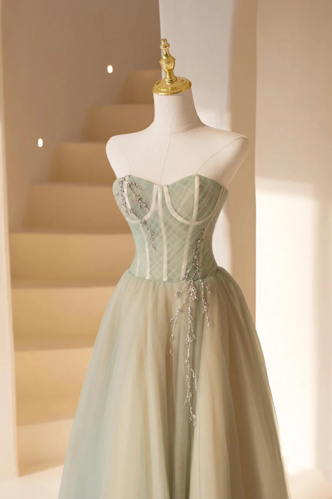Green Strapless Tulle Long Prom Dress, Beautiful Sweetheart Neck Evening Dress