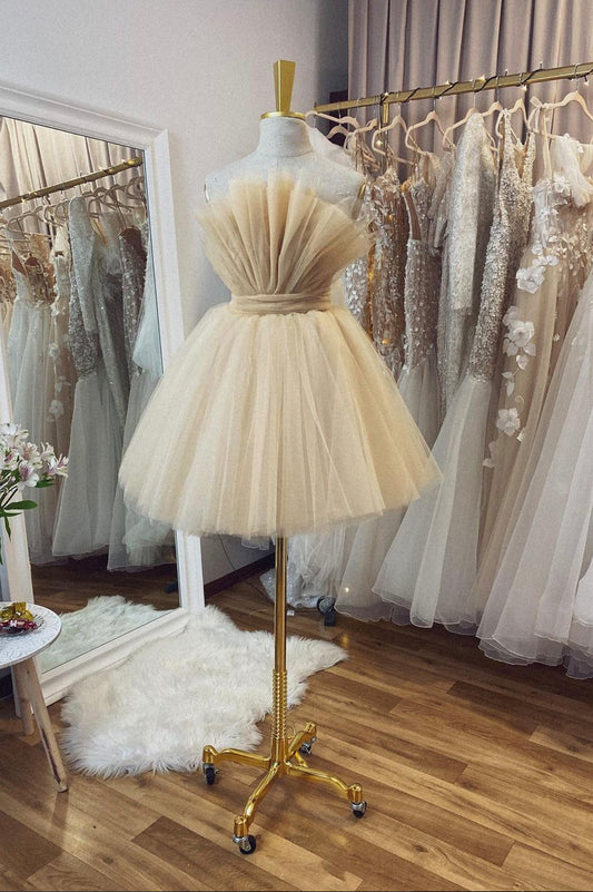 Cute Tulle Short Prom Dress, Champagne A-Line Evening Party Dress