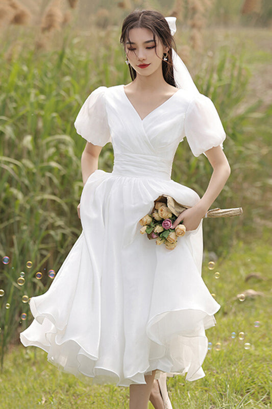 White V-Neck Tulle Short A-Line Prom Dress