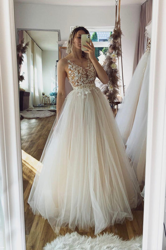 Champagne tulle lace long prom dress A line evening dress