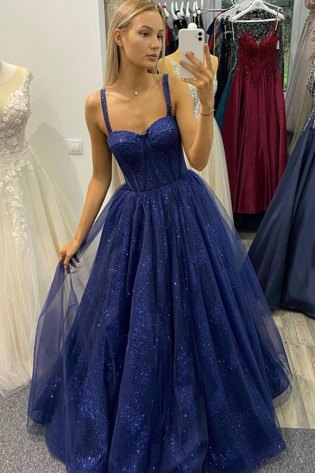 Navy Blue Sweetheart Neck Tulle Floor Length Prom Dress