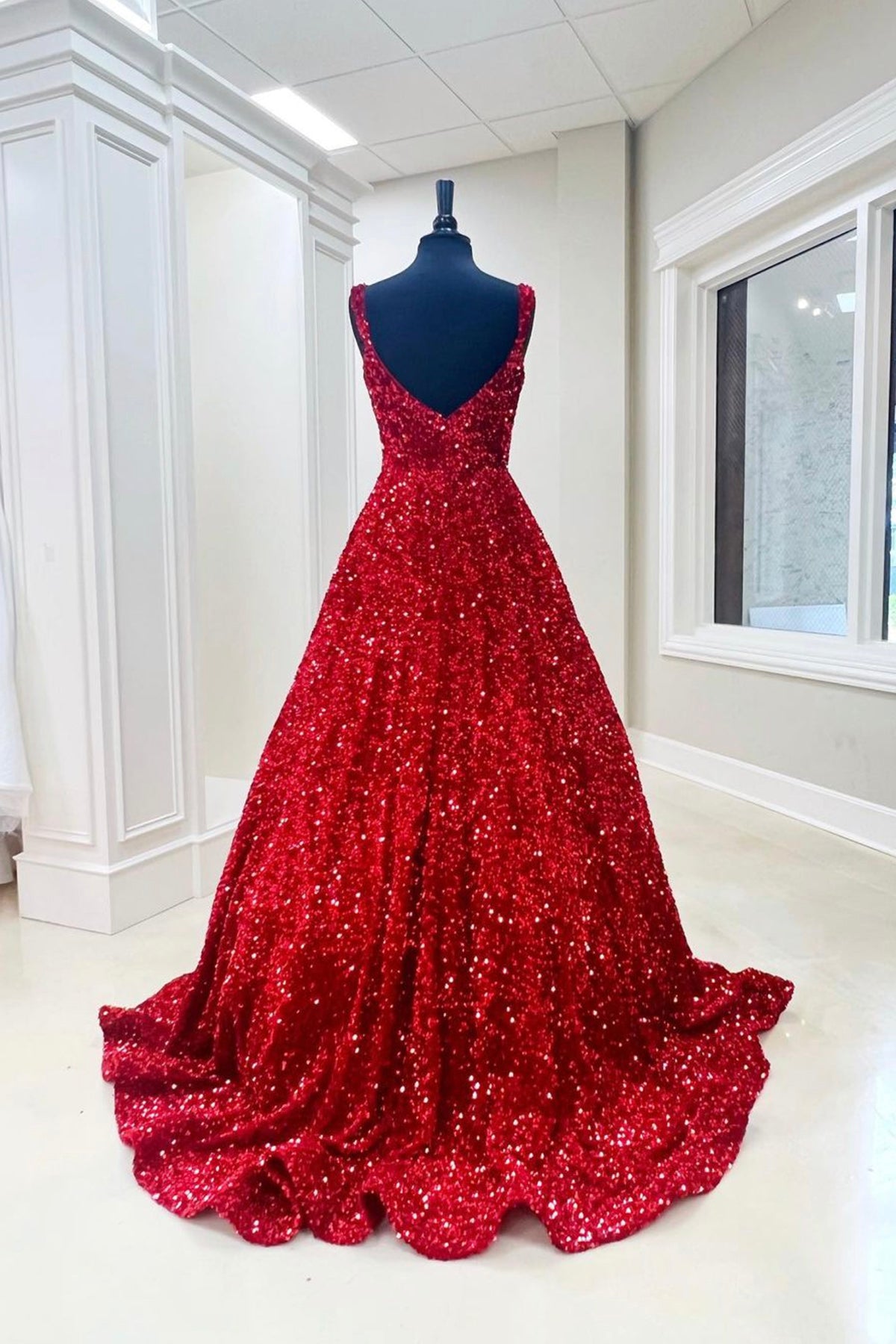 Burgundy Sequin Backless A-Line Long Prom Gown