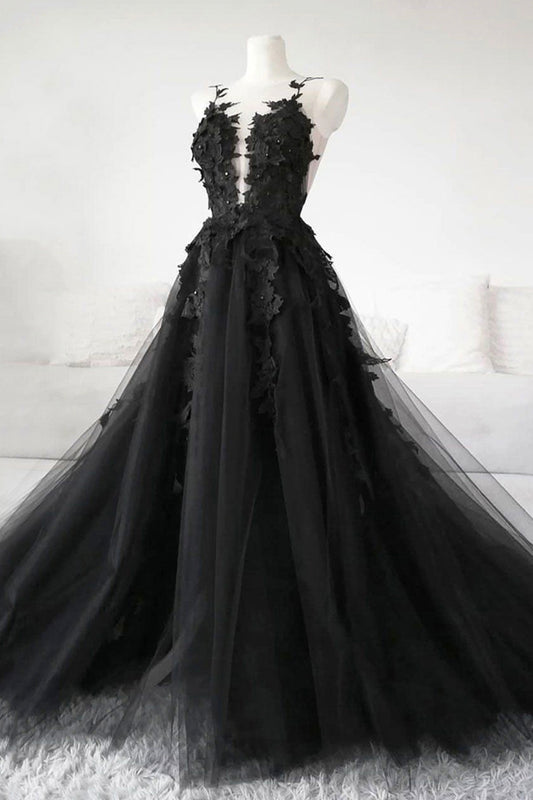 Black tulle appliqué long prom dress, black evening  dress