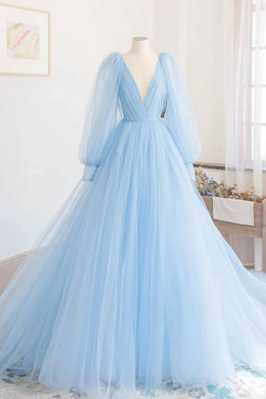 Beautiful V-Neck Long Sleeve Tulle Prom Dress