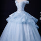 Blue Tulle Lace Long Prom Dress, Off Shoulder Evening Gown
