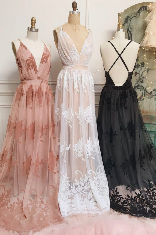 Cute tulle lace long prom dress A line evening dress