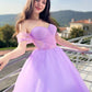 Purple Sweetheart Neck Tulle Long Prom Dress, A-Line Off Shoulder Evening Dress