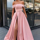 Pink Satin Off the Shoulder Floor Length Prom Dress with Slit