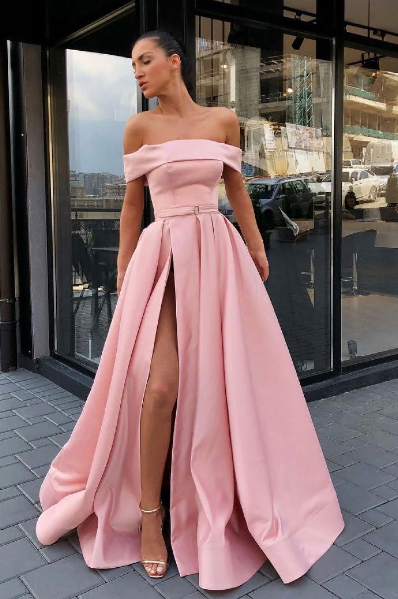 Pink Satin Off the Shoulder Floor Length Prom Dress with Slit