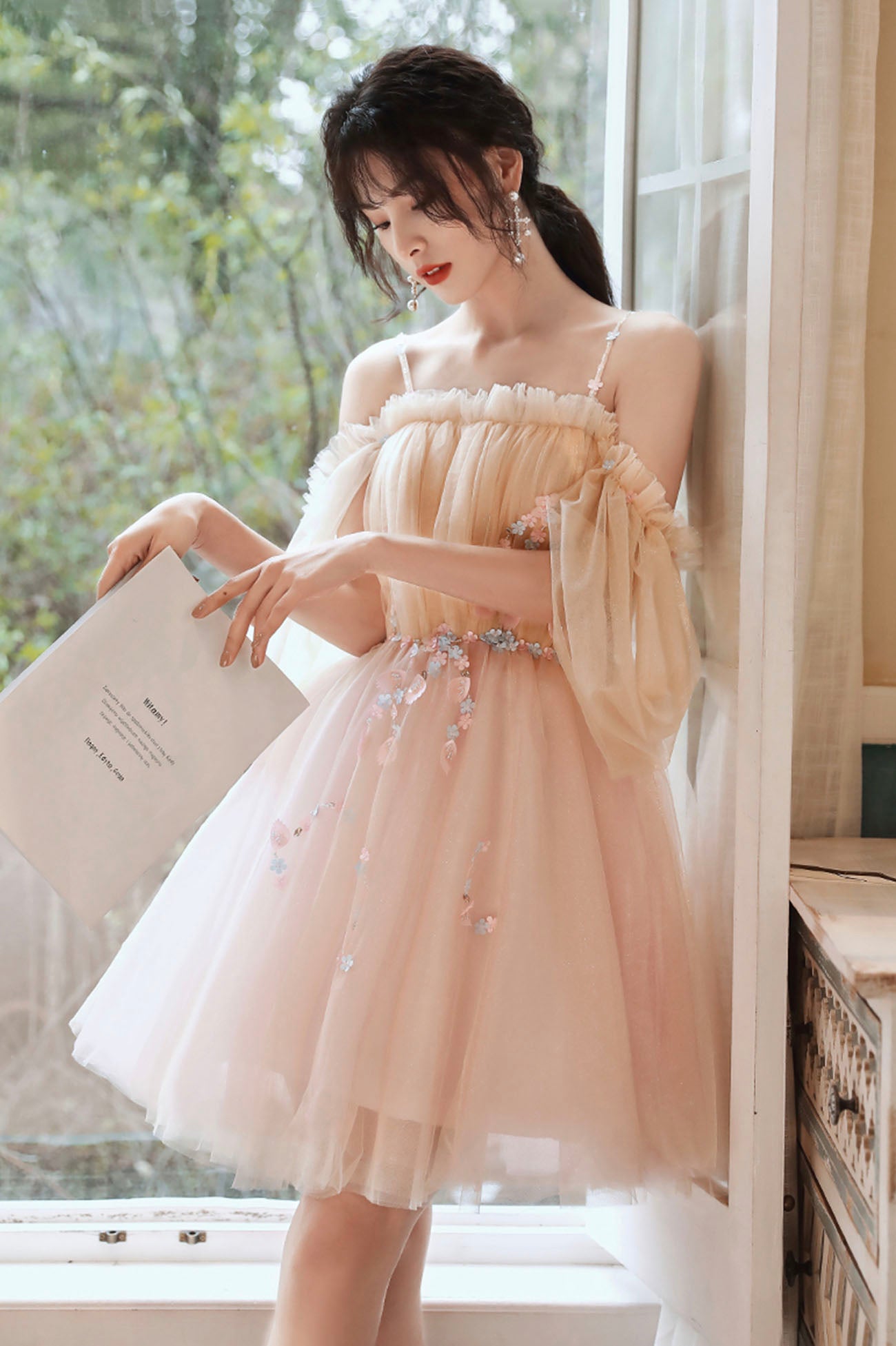 Cute Spaghetti Strap Tulle Short Prom Dress, A-Line Off the Shoulder Mini Party Dress