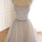 Gray Scoop Neckline Tulle Floor Length Prom Dress, Beautiful A-Line Evening Party Dress