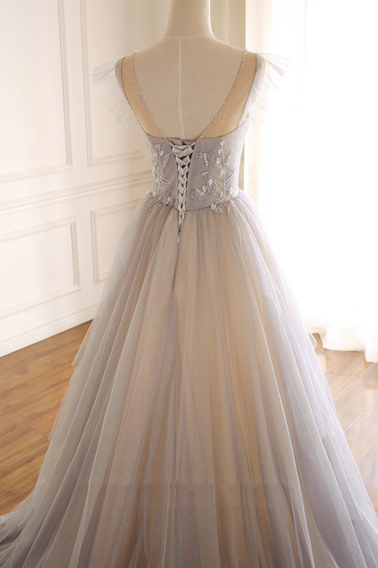 Gray Scoop Neckline Tulle Floor Length Prom Dress, Beautiful A-Line Evening Party Dress