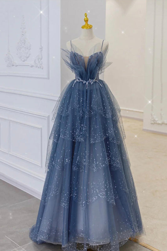 Blue Spaghetti Strap Tulle Beaded Long Prom Dress
