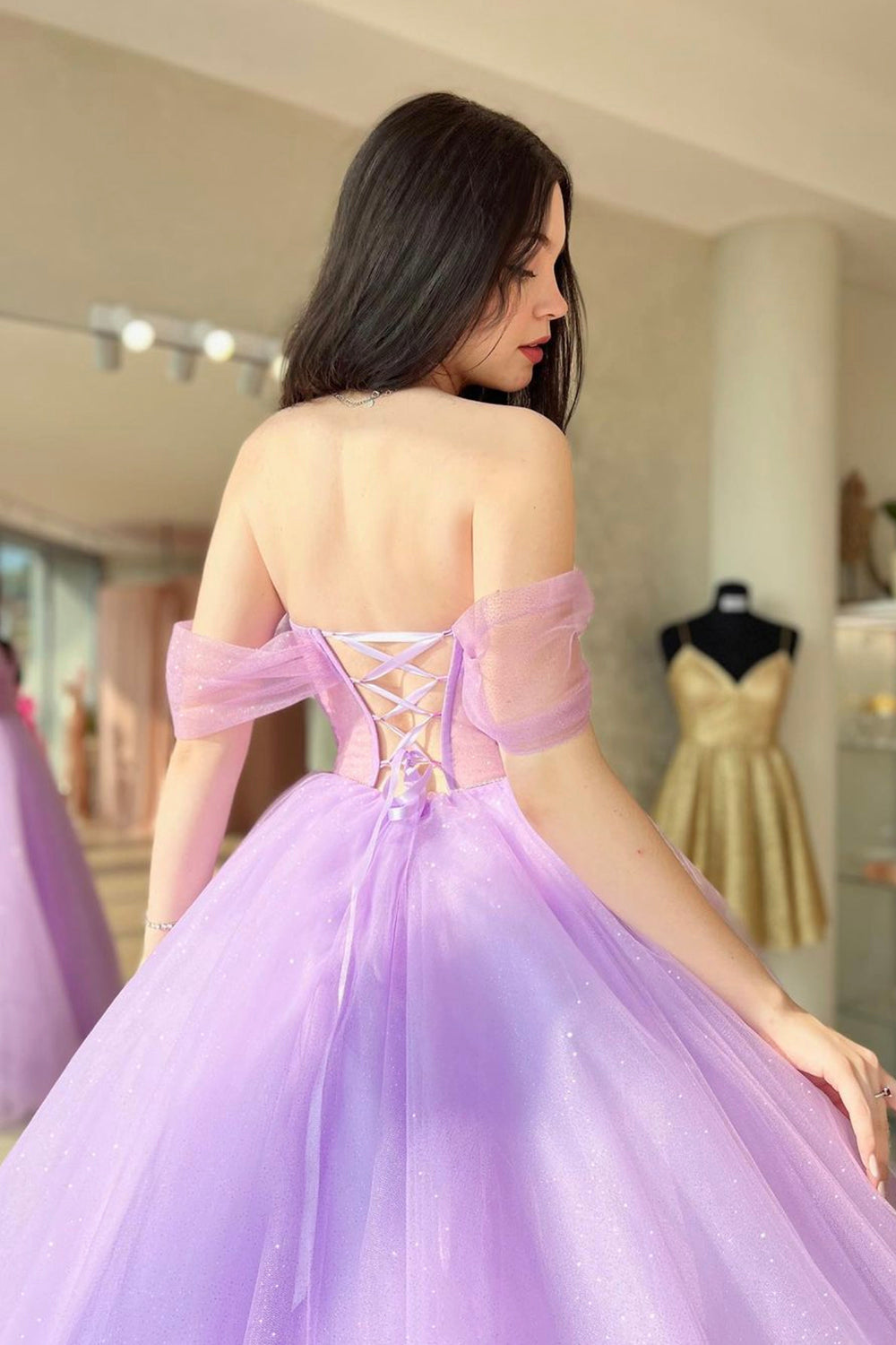 Purple Sweetheart Neck Tulle Long Prom Dress, A-Line Off Shoulder Evening Dress