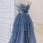 Blue Spaghetti Strap Tulle Beaded Long Prom Dress