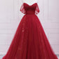 Dark Red Tulle Floor Length Prom Dress, Off the Shoulder Evening Party Dress