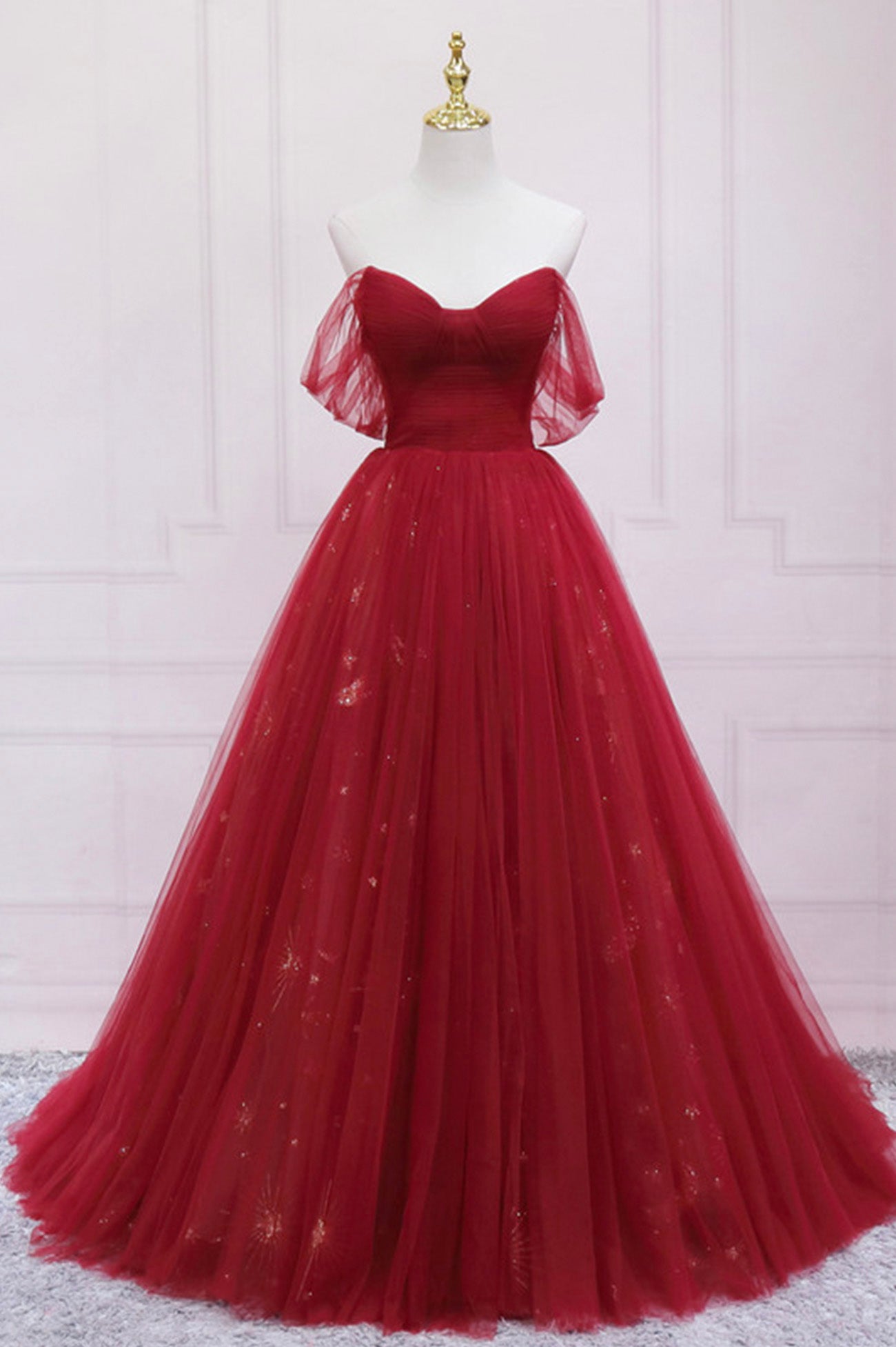 Dark Red Tulle Floor Length Prom Dress, Off the Shoulder Evening Party Dress