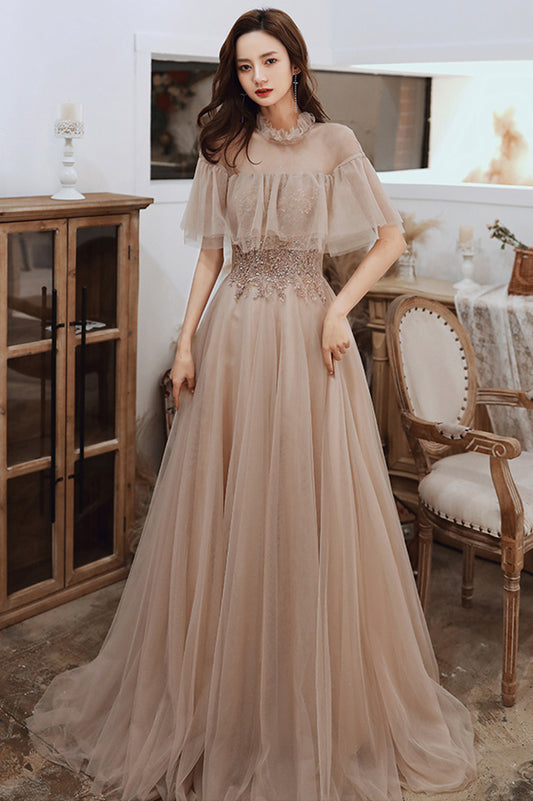 Cute tulle beads long prom dress A line evening dress