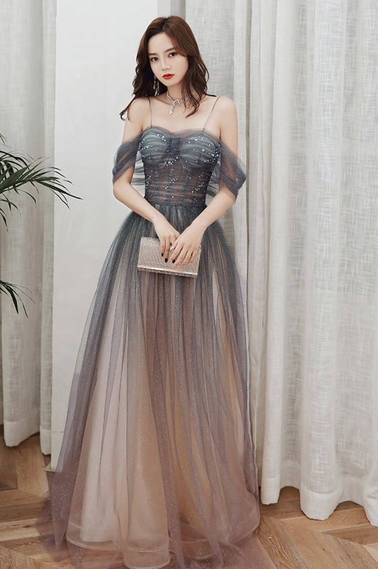 Gray tulle long prom dress A line evening dress