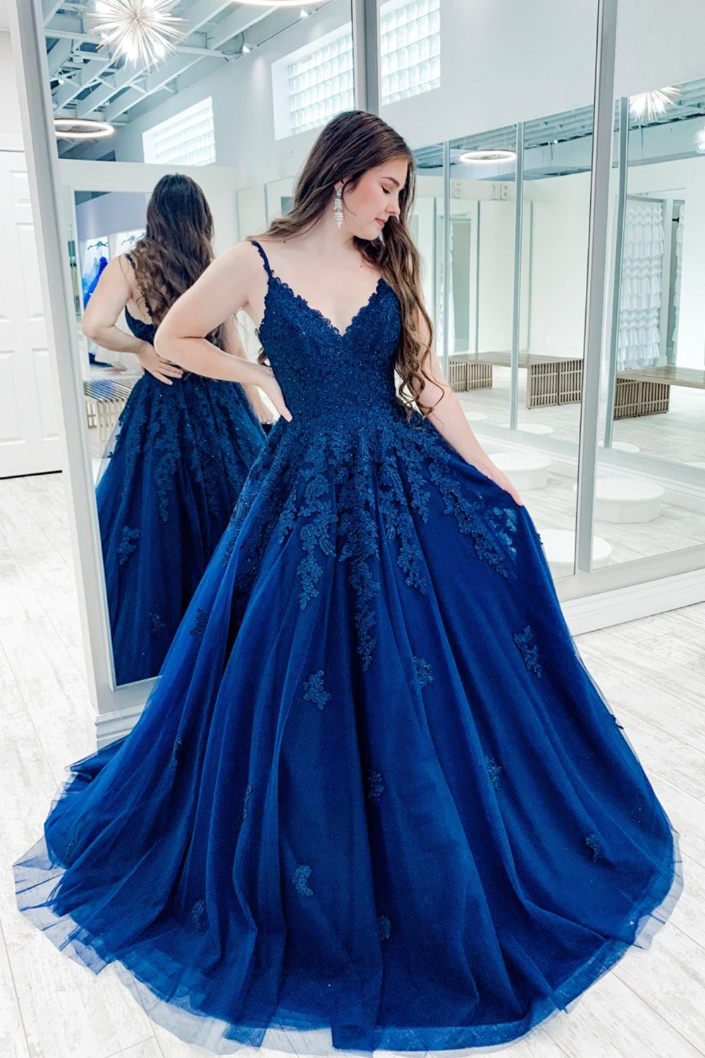Blue V-Neck Tulle Lace Long Prom Dress, Blue Evening Dress