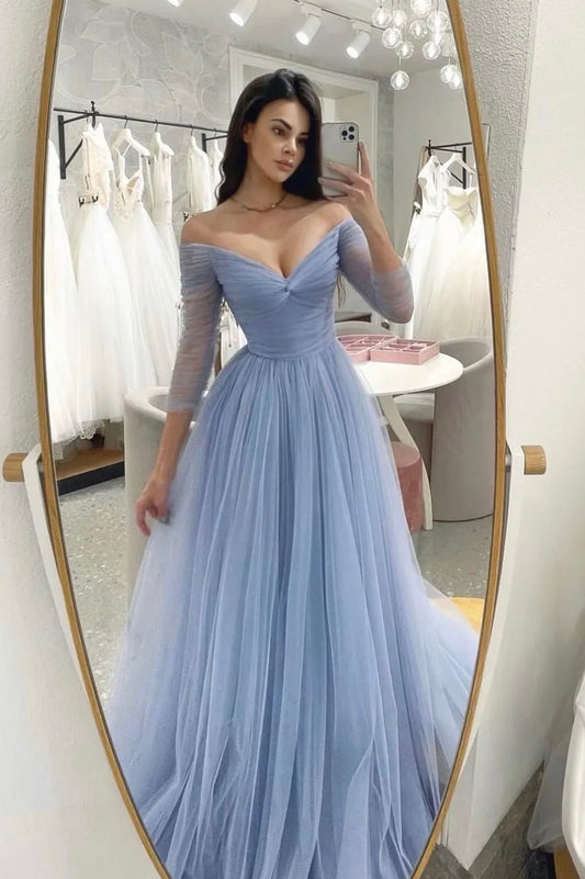 Blue Tulle Long Prom Dress, Blue Long Sleeve A-Line Party Dress