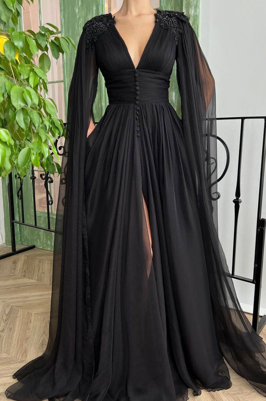 Black V-Neck Chiffon Long Prom Dress, Long Sleeve A-Line Party Dress