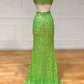 Green Sequins Long Prom Dress, Mermaid Backless Evening Dress with Slit