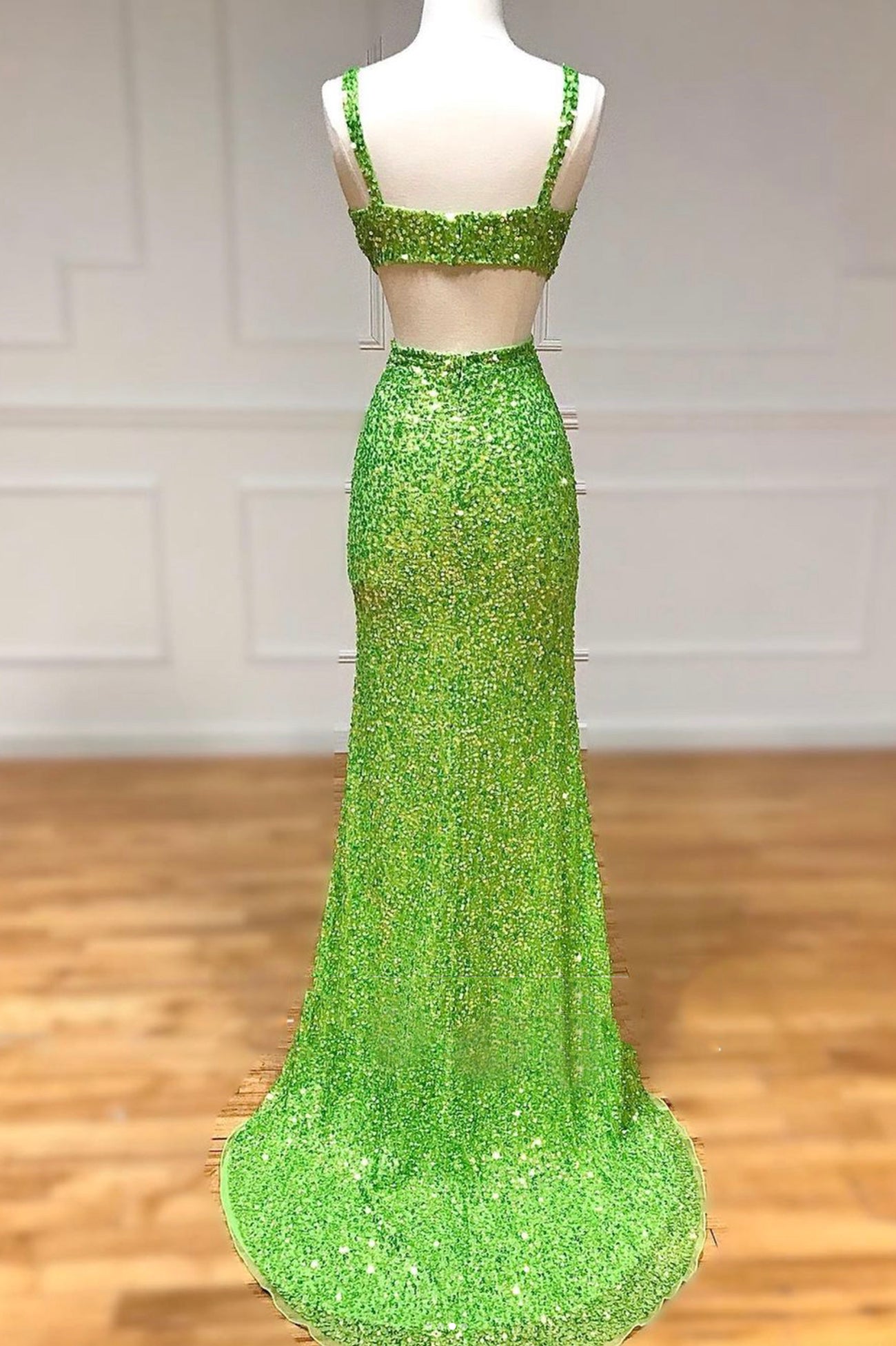 Green Sequins Long Prom Dress, Mermaid Backless Evening Dress with Slit