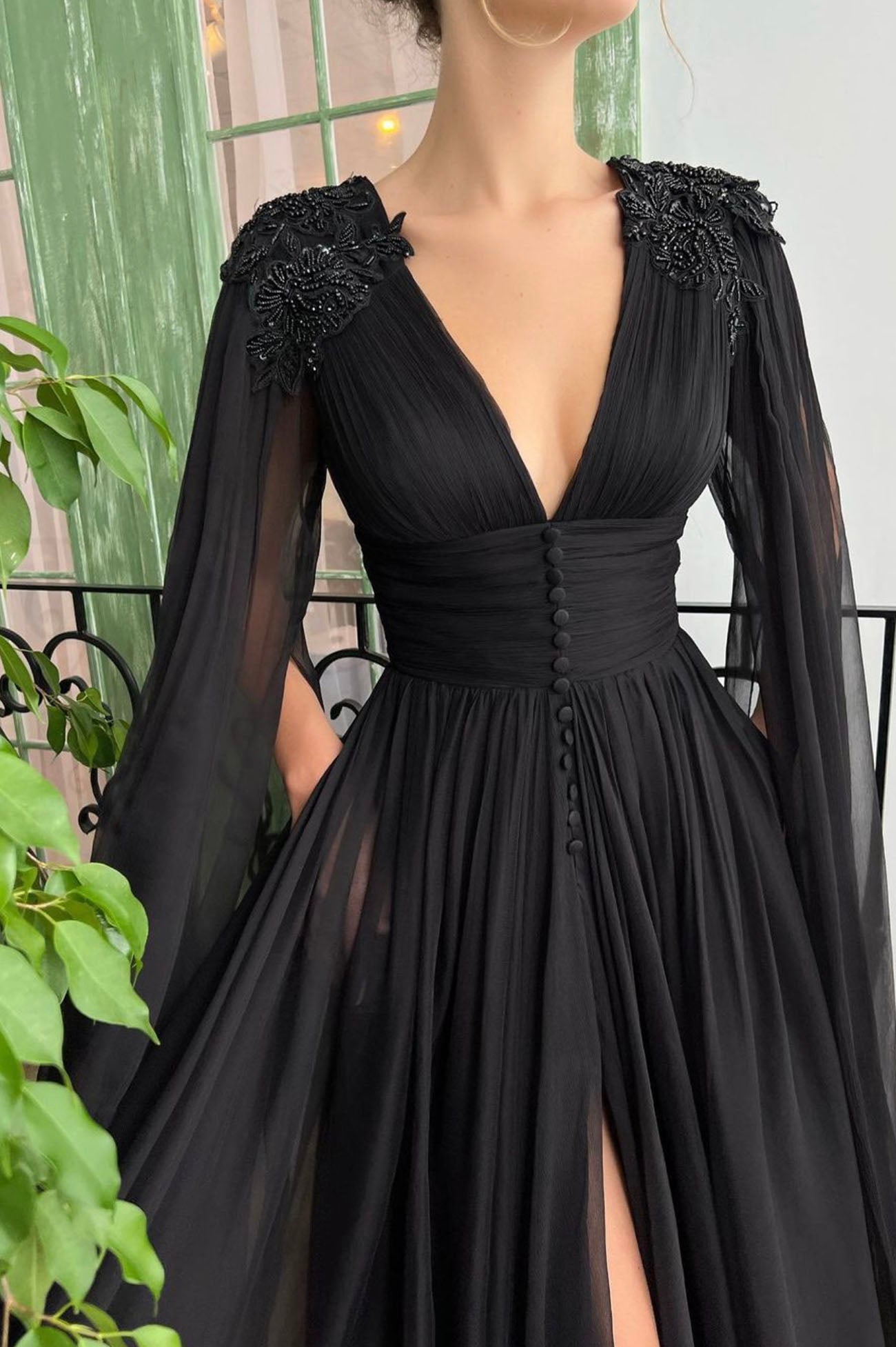 Black V-neck chiffon long prom dress A-line evening dress