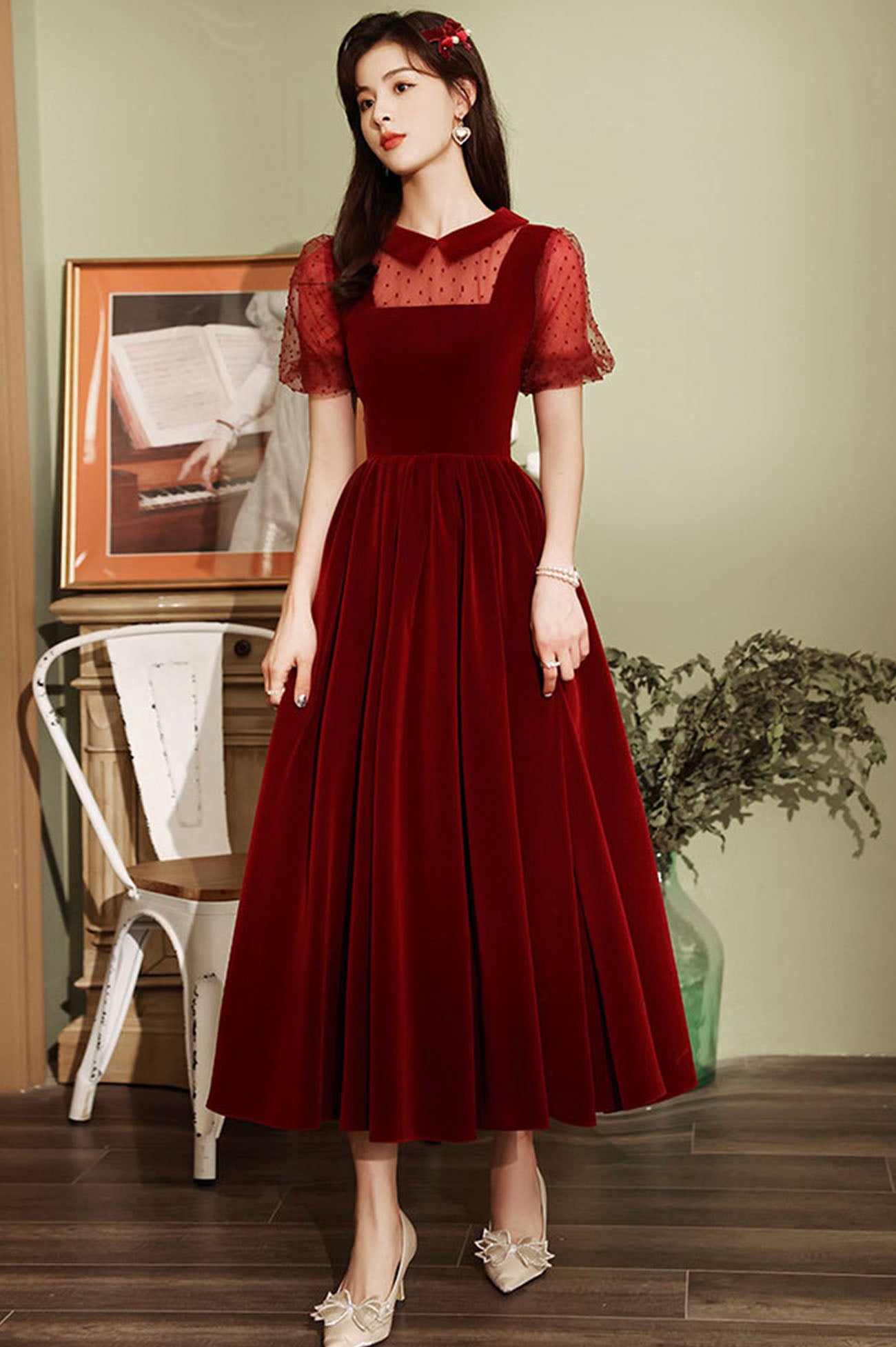 Burgundy Velvet Short A-Line Prom Dress